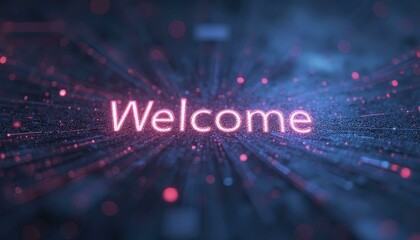 Futuristic Digital Neon WELCOME on Grid Pattern with Soft Red and Pink Lights