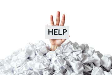 Hand emerging from crumpled paper pile, holding a Help sign. Isolated on a clean white background. Concept of stress, overload, or assistance. Ai generative