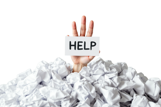Hand emerging from crumpled paper pile, holding a Help sign. Isolated on a clean white background. Concept of stress, overload, or assistance. Ai generative