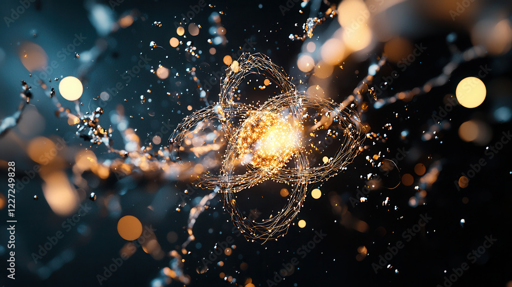 Poster glowing atomic structure with intricate details and vibrant colors, showcasing energy and motion in 