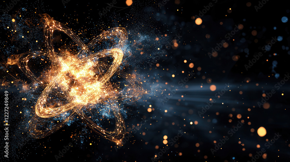 Poster glowing atomic structure with intricate details and vibrant particles creates mesmerizing visual eff