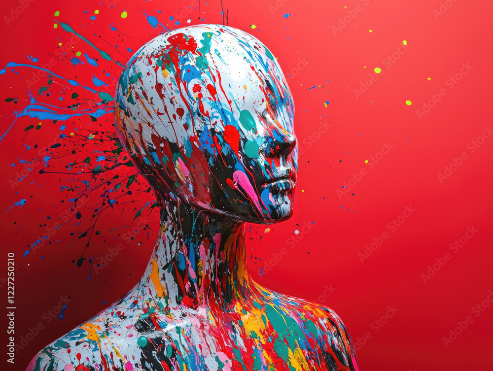 Poster abstract expressionism: mannequin in a vibrant explosion of color. a mannequin's head and torso are 