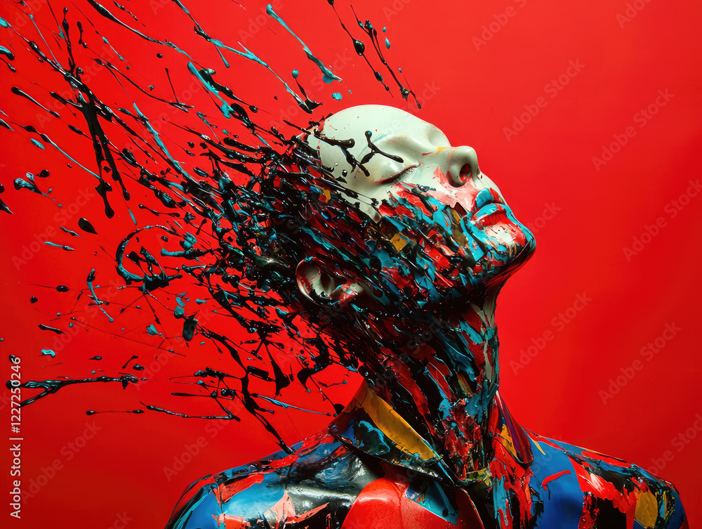 Poster exploding color: abstract portrait of a person covered in vibrant paint splatter, creating a dynamic