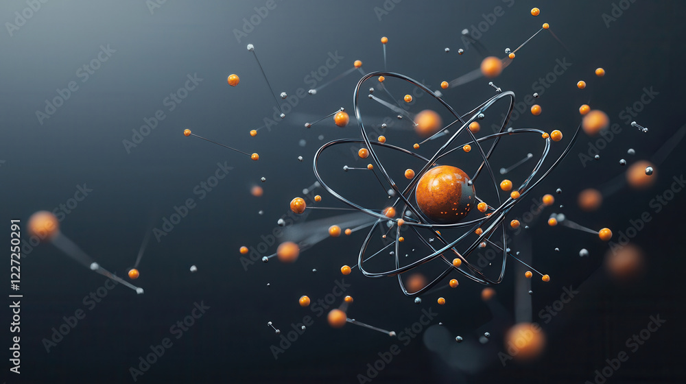 Poster highly detailed 3d rendering of atomic structure with vibrant orange particles, showcasing complexit