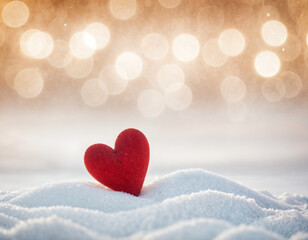 Obraz premium February 14 postcard, red heart on the snow among blurry lights, space for text,