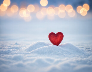 Fototapeta premium February 14 postcard, red heart on the snow among blurry lights, space for text,