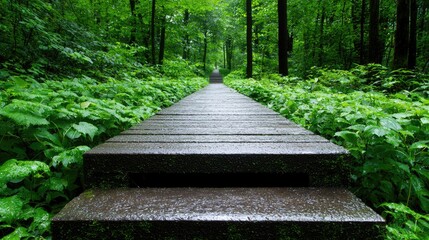 Obraz premium Lush Forest Walkway Nature Trail Pathway through Green Woods