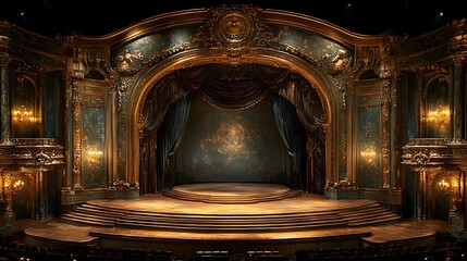 Fototapeta premium Gold-adorned vintage theater stage luxurious red curtains ambiance