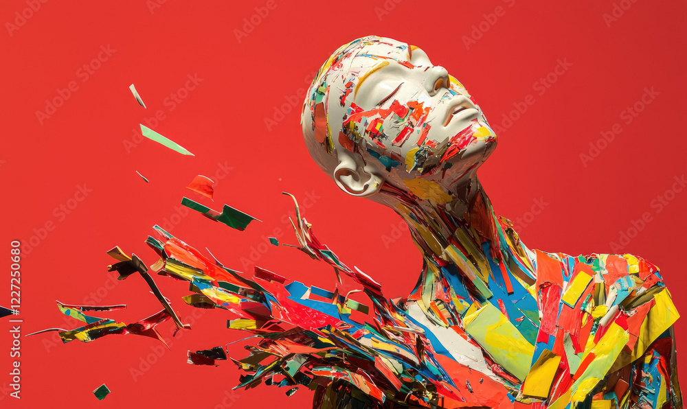 Poster exploding color: a vibrant, abstract sculpture of a human form, seemingly dissolving into a kaleidos