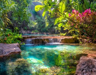 Crystal clear water cascading through lush tropical paradise