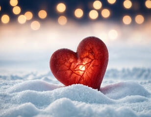 Fototapeta premium February 14 postcard, red heart on the snow among blurry lights, space for text,