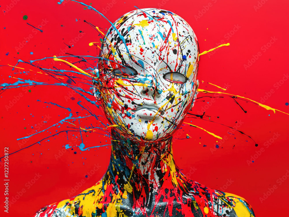 Poster expression of color: a mannequin's face is covered in a vibrant explosion of multi-colored paint spl