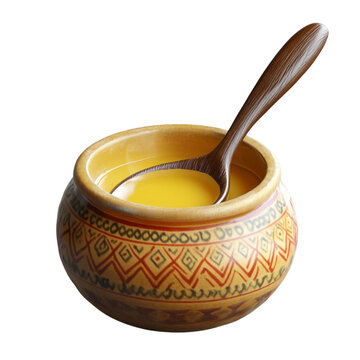 Cow Ghee, Desi Ghee Bowl, Desi Pahadi Cow Ghee, clarified liquid butter, Ghee or clarified butter in jar and wooden spoon, ghee in  Copper container or ceramic jar with spoon