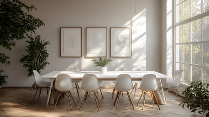 Fototapeta premium Minimalist dining room with a white table, neutral chairs, and a calm, uncluttered vibe