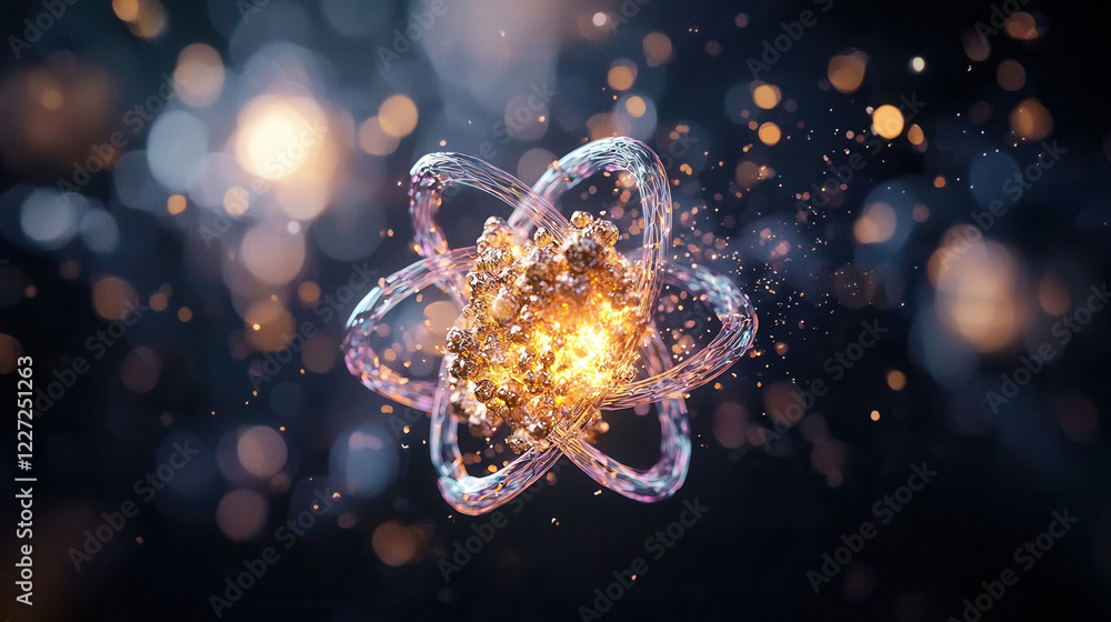 Poster vibrant 3d atomic model with glowing particles, showcasing energy and motion. this stunning visual c