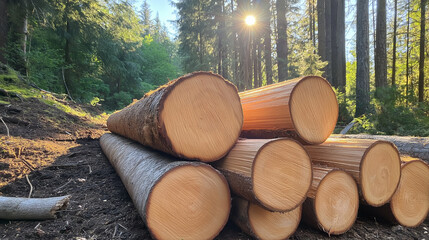 A stack of freshly cut logs in a forest clearing, sunlight streaming through the canopy, with signs of replanting and wildlife in the background.