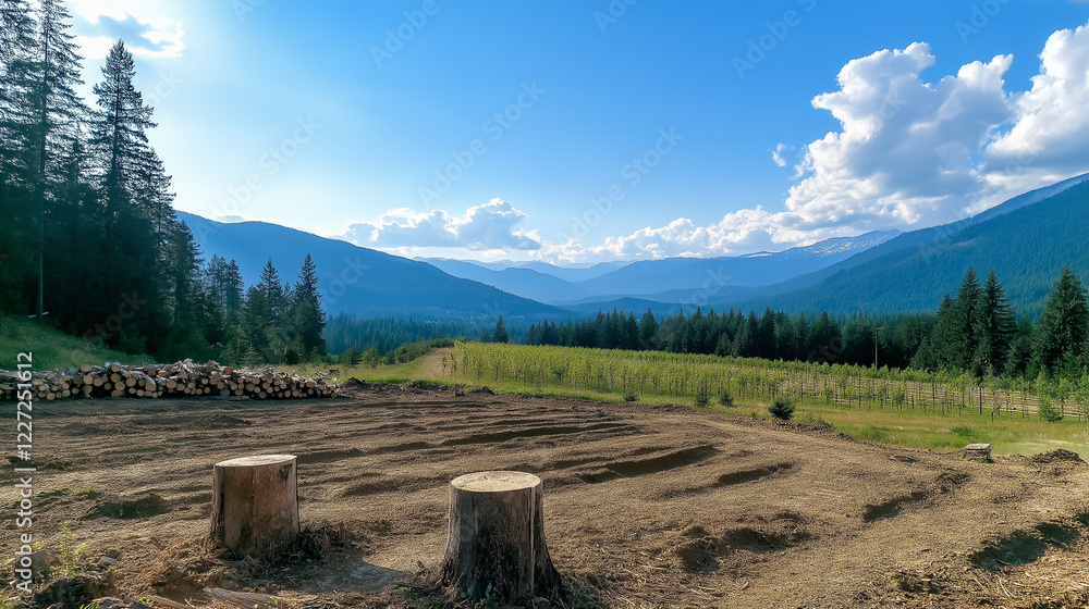 Poster a panoramic view of a forest logging area, with cut stumps and stacked logs in the foreground and ro