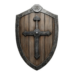 Fototapeta premium Medieval wooden shield with steel reinforcements and crossed swords, featuring a rustic design, isolated on a transparent background. Perfect for historical and fantasy themes.