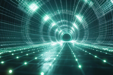 Obraz premium Futuristic green digital tunnel with grid lines and glowing lights