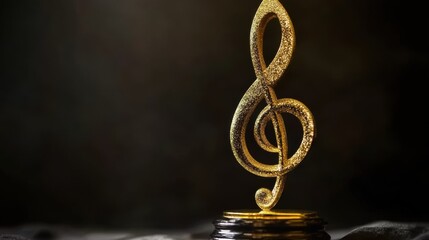Obraz premium Golden note symbol glimmering on stage signifying music accolade, set against a luxurious black-gold background with ample copy space