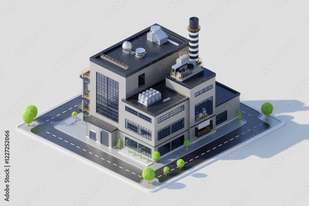 Poster isometric 3d model of a factory building with chimney, surrounded by small trees and roads.
