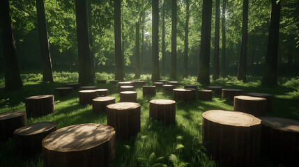 An organized pile of cut logs in a forest clearing, with stumps marked for replanting and sunlight filtering through a thriving canopy.