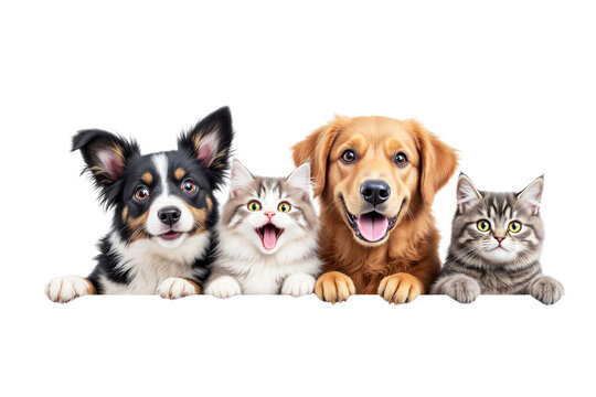 Adorable dogs and cats with cheerful expressions, isolated on a white background. Perfect for pet-themed designs or templates. Ai generative