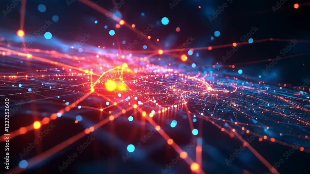 Poster vibrant technology visualization depicting interconnected data points and networks in a dark space