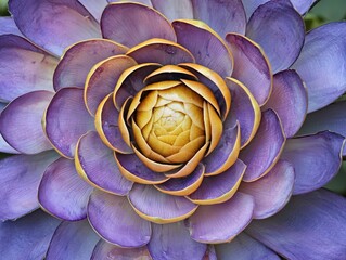 Obraz premium Blooming lotus with vibrant purple and golden hues in a serene garden setting