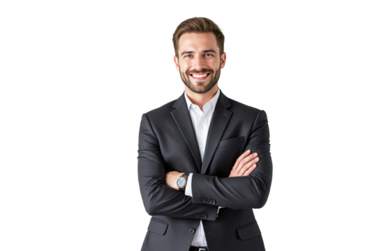 Man in asuit smiling confidently, arms crossed. Isolated on a white background. Concept of professionalism, business, and success. Ai generative