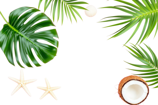Tropical monstera and palm leaves, coconut, seashell, and starfish arranged on a white background. Clean and fresh summer vacation concept. Ai generative