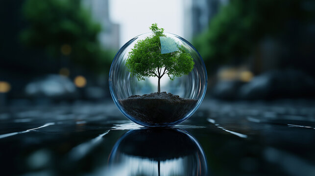 A symbolic image of a young tree growing inside a floating glass sphere, bathed in soft blue light, representing the protection and development of startup ventures.