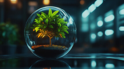 A vibrant tree enclosed in a glass sphere on a reflective surface, glowing from within, symbolizing the foundation of protection and sustainable growth in early-stage funding.