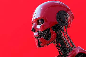 Robot with artificial intelligence on a red background