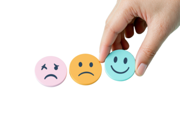 Three colored emoticons showing sad, neutral, and happy faces, isolated on a white background. A hand is picking the happy face. Concept of choices. Ai generative