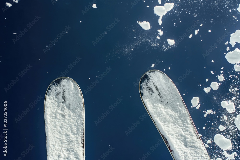 Poster a pair of skis with snow on them, and the skis are in the air. the skis are positioned in such a way