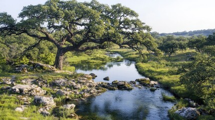 Majestic oak tree by tranquil stream, green meadows, serene landscape, nature background