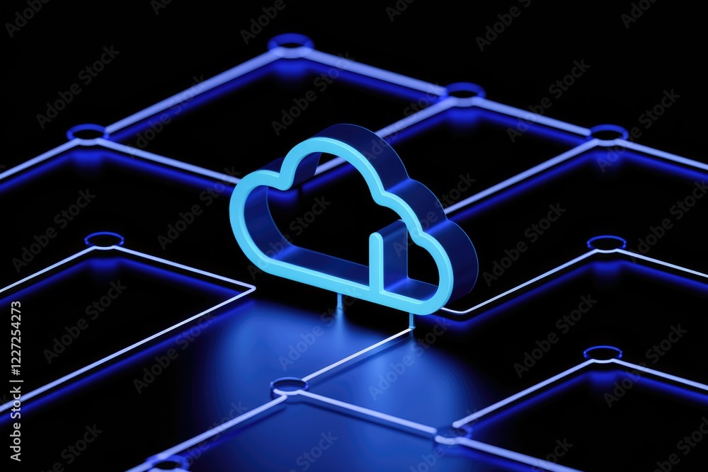 Poster a glowing blue cloud icon sits atop a network of interconnected nodes, symbolizing cloud computing a