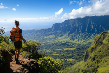 Naklejka premium A Hiker Pausing on a Scenic Overlook: Absorbing the Expansive Views