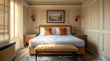 Hotel room interior with built-in bed and furniture