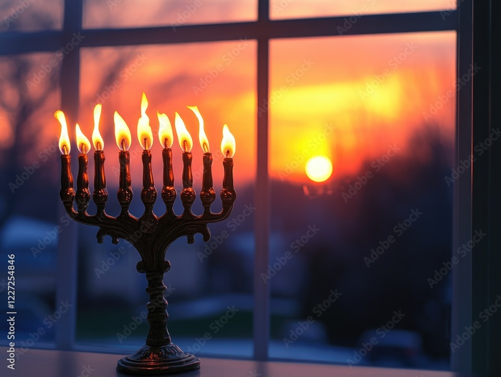 Poster a lit menorah sits on a table in front of a window. the sun is setting, casting a warm glow on the s