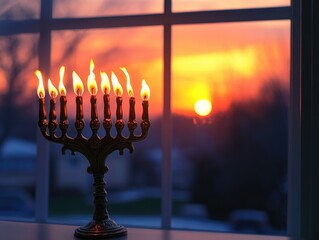 Fototapeta premium A lit menorah sits on a table in front of a window. The sun is setting, casting a warm glow on the scene