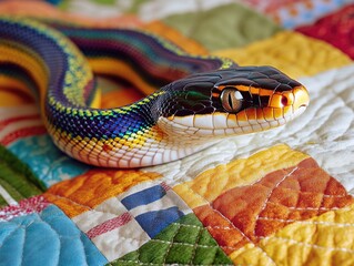 Fototapeta premium A colorful snake is laying on a bed with a patchwork quilt. The snake is green, yellow, and black, and it is resting. The bed is covered in a variety of colors, including blue, red, and white