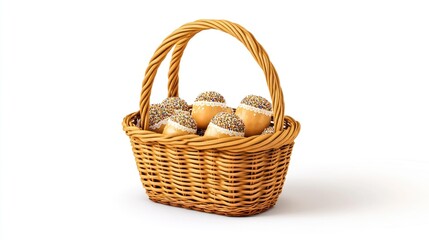 A basket full of doughnuts and other pastries. The basket is woven and has a brown handle