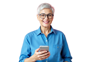 Senior woman with short grey hair wearing glasses and a blue shirt, smiling warmly while holding a smartphone. Isolated on a white background. Ai generative