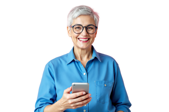 Senior woman with short grey hair wearing glasses and a blue shirt, smiling warmly while holding a smartphone. Isolated on a white background. Ai generative