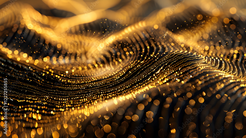 Aufkleber abstract golden waves with shimmering particles create a dynamic, fluid visual effect.