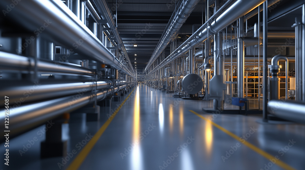 Poster a hyper-realistic factory where pipes and ducts are prominently featured, connecting automated syste