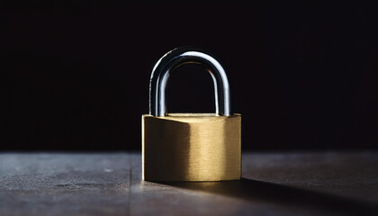 Naklejka premium Golden padlock on dark backdrop. Security, safety and protection concept.