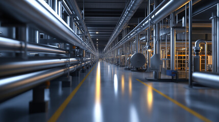 A hyper-realistic factory where pipes and ducts are prominently featured, connecting automated systems that produce large quantities of products with high efficiency.
